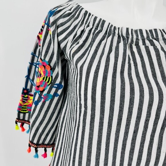 See And Be Seen Black Stripe Blouse Size M Off The Shoulder Embroidery Fringe - Picture 3 of 11
